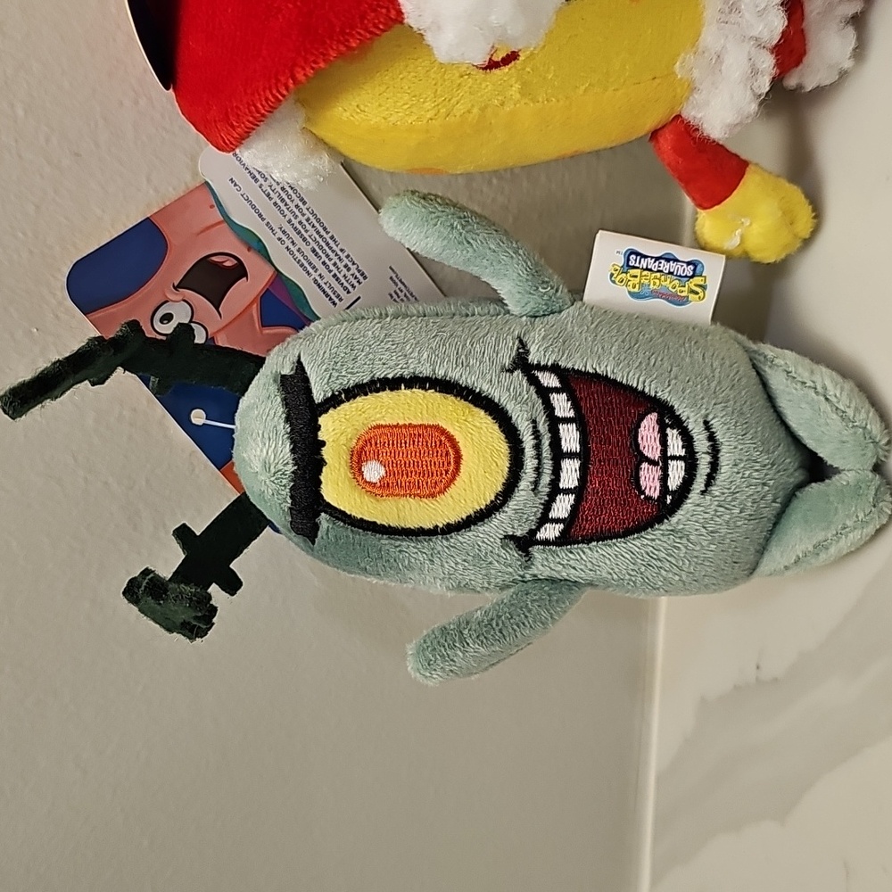 SpongeBob SquarePants 6" Santa and Plankton Plush Duo Pet Toys. NWT. - Picture 3 of 9